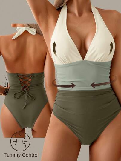 Shapewave 一件式收腹拼接挂脖露背泳衣