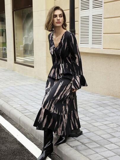 Hansera 1件装女士收腰喇叭袖连衣裙