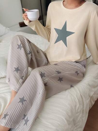 Dream Adore Fresh Round Neck Long Sleeve Star Gestreepte Straight Leg Pajama Set Women Korean Pyjama Fall Clothes view 4