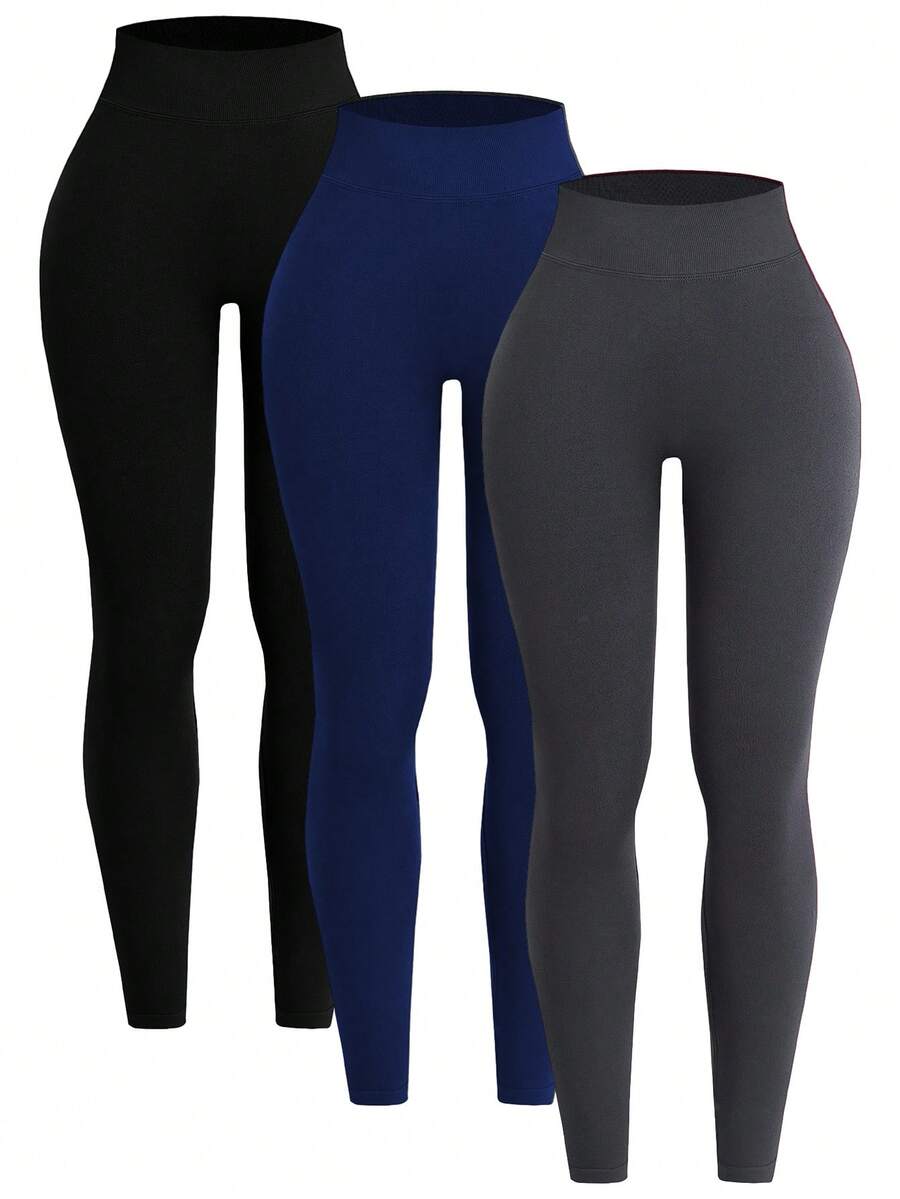 SHEIN Sports 女士纯色弹力腰带休闲健身紧身裤3条装瑜伽裤套装 - 彩色 - 查看 1