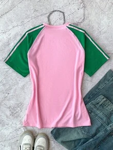 SHEIN Oversized T-Shirt With Contrast Color Ribbon Sleeves For Teen Girls, Casual, Street Style, College - Multicolor - View 2