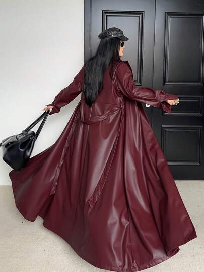 Flirla Plus Size Lapel Belt A-Line Pocket Long Sleeve PU Windbreaker