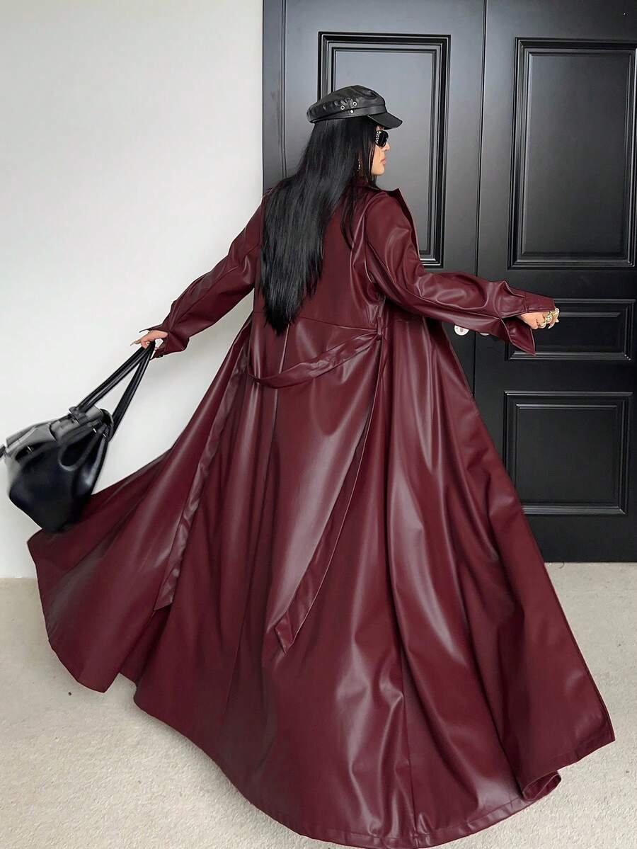 Flirla Plus Size Lapel Belt A-Line Pocket Long Sleeve PU Windbreaker - Burgundy - View 1