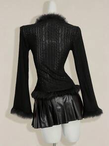 SHEIN ICON Women's Retro Bohemian Sexy Y2K Knit Jacquard Patchwork Fur Collar Brown T-Shirt,Black Top - Black - View 2