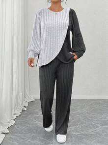 Elenzga Dwuczęściowy, swobodny komplet wypoczynkowy w dużym rozmiarze, z okrągłym dekoltem, długim rękawem, prążkowanym wykończeniem w kontrastowym kolorze, asymetryczną, patchworkową bluzką i prążkowanymi spodniami o prostych nogawkach - Wielokolorowe - Zobacz 4