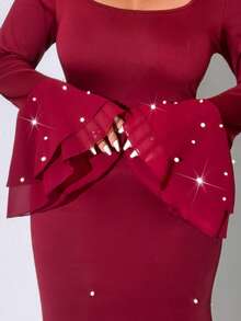 Viva Relle 大码女式优雅复古浪漫纯色圆领长袖连衣裙，适合派对、秋冬季、深红色连衣裙、酒红色连衣裙、勃艮第红连衣裙、惊艳女神连衣裙、红酒色连衣裙、派对圣诞红 - 酒紅色 - 查看 7