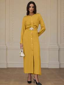 Chiquease Gaun Midi Ruffle Elegan dengan Pinggang yang Dapat Diatur, Gaya Ins Eropa dan Amerika, Gaun untuk Beraktivitas Sehari-hari - Kuning - View 6