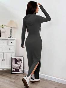 SHEIN EZwear 女士秋冬连帽抽绳修身长袖针织紧身连衣裙 - 深灰色 - 查看 2