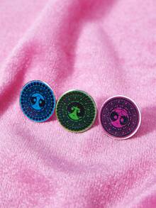 THE POWERPUFF GIRLS X SHEIN 3pcs Fluorescent Blossom, Bubbles, Buttercup Pattern Metal Brooch Set - Multicolor - View 3