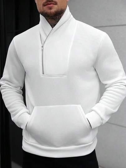 Men's Autumn/Winter Oversized Turndown Collar Half-Zip Pullover Sweatshirt, Half-Zip Design, With Pockets, White Sweatshirt, Old Money, Daily Leisure, Weekend Trips, Outdoor Activities, Travel Expeditions, Relaxed Work Environments Or Semi-Formal Occasions, Boyfriend/Husband Gift, Anniversary /Birthday Gift Party Christmas New Years Wedding, Long Sleeve Top, Thermal Lined