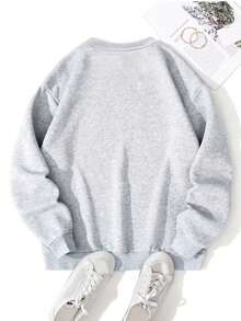 SuriyaCove Plus Size Women Warm Embroidered Crew Neck Long Sleeve Sweatshirt, Autumn/Winter - Light Grey - View 2