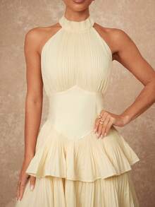 Lumalex 女士优雅露背吊带褶皱层叠荷叶边迷你连衣裙，纯色，适合派对和夏季穿着 - 黃色 - 查看 9