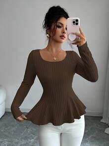Selianne Casual Ribbed Crew Neck Long Sleeve Backless Bow Tie Blouse - Brown - View 7