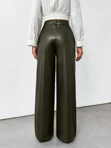 SHEIN Tall Prive Gold Button Detailed Straight Fit Leather Pant, Tall Women - Army Green - View 2