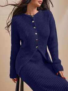 EURMUSE Conjunto de cardigan y falda de punto acanalado con botones delanteros de unicolor para mujer - Azul Marino - Ver 3