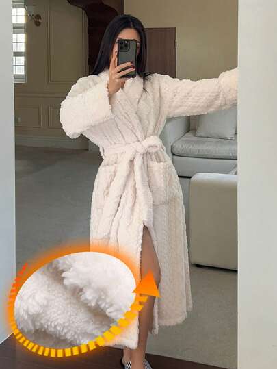 DAZY Women's Minimalist Textured Fleece Belted Long Lounge Robe, Autumn/Winter, Fluffy Cozy