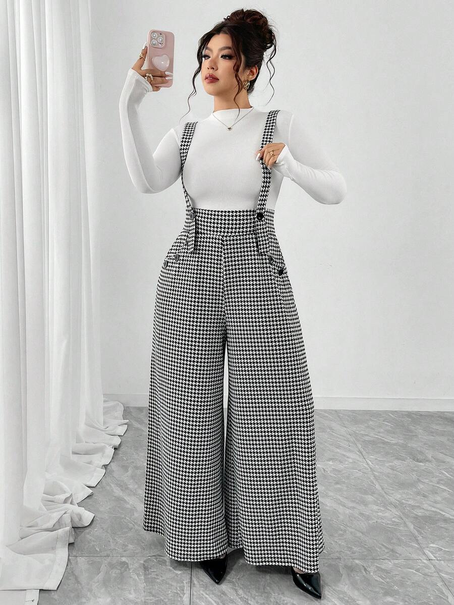 Elenzga Calça de Perna Larga com Estampa Floral Xadrez Houndstooth em Tecido Texturizado Tricotado de Plus Size com Bolsos Reais, Macacão de Cintura Alta com Perna Flare, Elegante para Saídas, Reuniões, Calça Utilitária Casual Versátil para Uso Diário - Preto e Branco - Visão 1