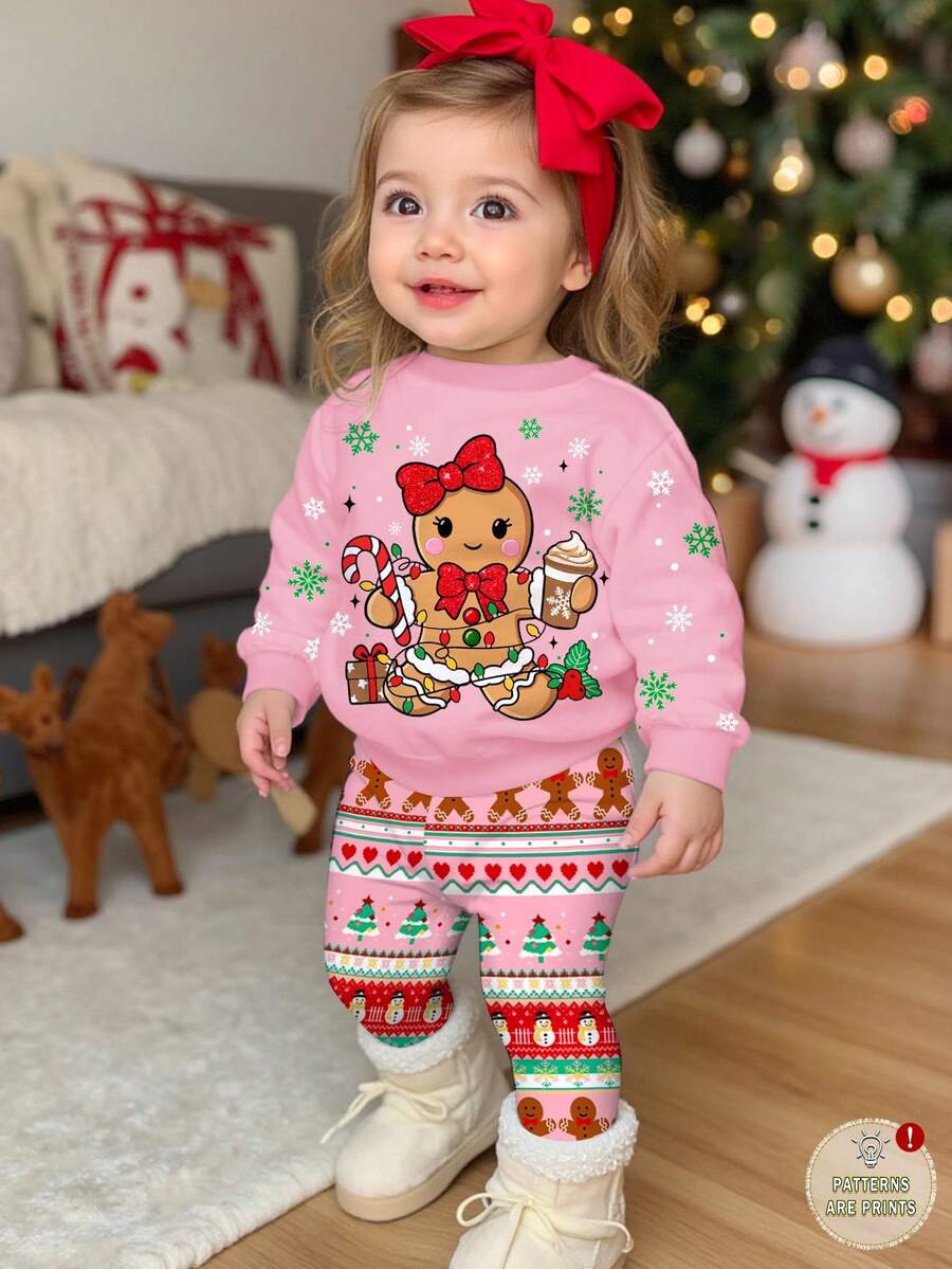 圣诞可爱卡通姜饼人、雪花、圣诞树、铃铛、拐杖糖、雪人费尔岛印花舒适加厚圆领长袖卫衣和打底裤套装，适合女宝宝秋冬季圣诞节穿着。 - 彩色 - 查看 1