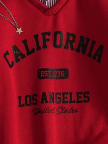 Teen Girl Casual Pullover Sweatshirt, Versatile For School & Commute, 2 In 1 Sweatshirt With Shirt Collar, Numeric & Letter, Leopard Print Pattern, Loose Fit - Burgundy - View 3