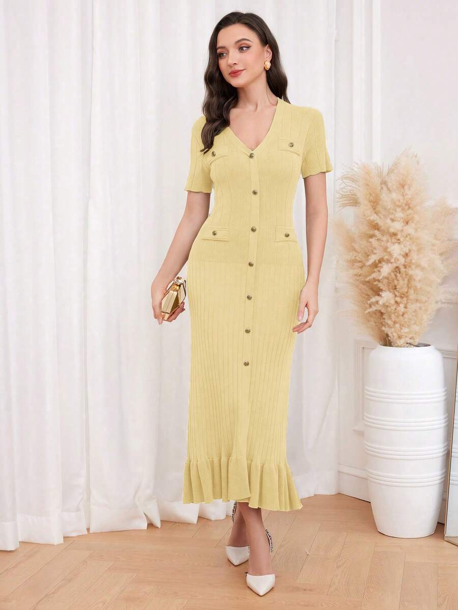 Modelyn Burgundy Red Women's Solid V-Neck Short Sleeve Single-Breasted Maxi Elegant Knitted Sweater Dress - Light Yellow - View 1