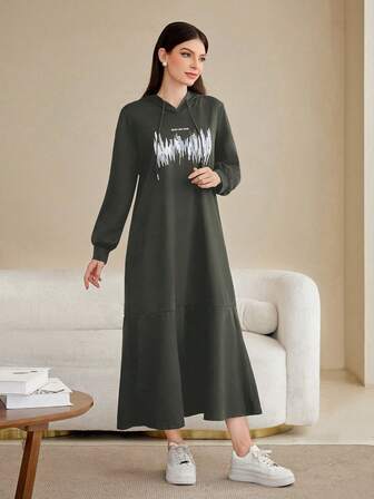 Mulvari Vestido maxi elegante y encantador con capucha y cordón, de manga larga y holgado para mujer