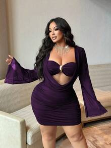 NU&NOW Plus Size Women's Bodycon Dress, Sexy Sheer Mesh Bell Sleeve Metal Buckle Party Dress, Summer Holiday Outfit - Purple - View 4