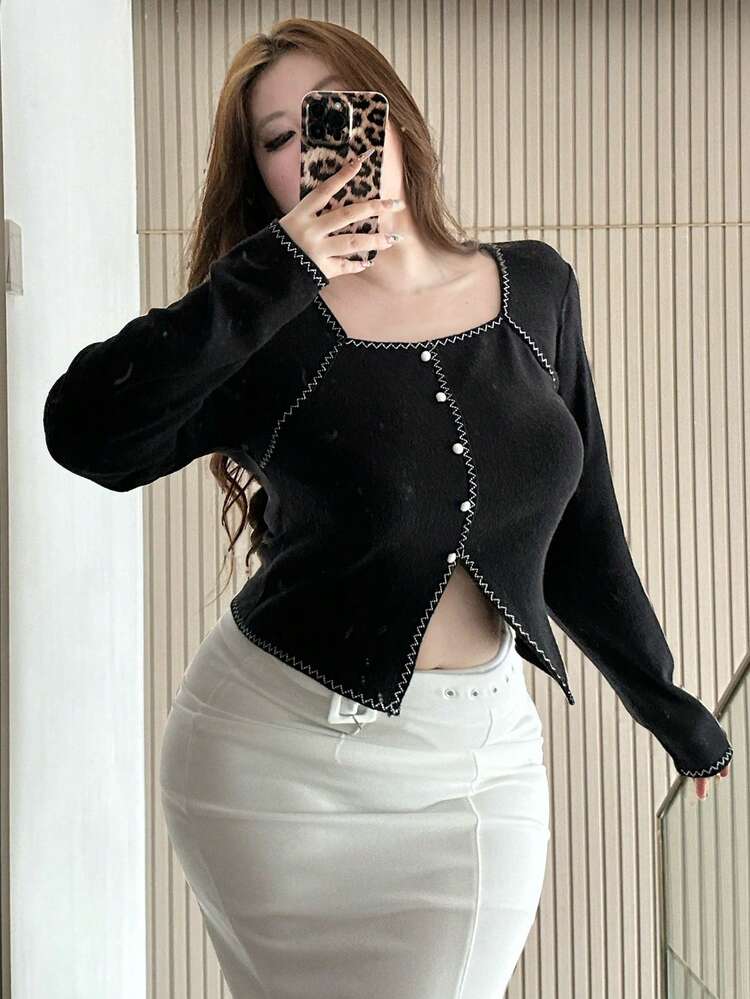 Dazy Plus Colorblock Patchwork Crew Neck Stretchy Fitted Cropped Elegant Plus Size Women Long Black T-Shirt, Spring/Autumn Long Sleeve Women Babydoll Top