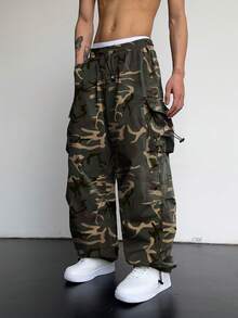 Manfinity ZONE917 宽松男士翻盖口袋侧抽绳腰工装裤，秋季