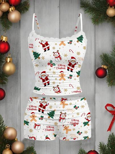 SHEIN EZwear 女士休闲蕾丝吊带背心和短裤两件套，适合圣诞节穿着，圣诞老人印花、圣诞树印花、姜饼人印花
