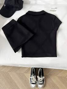 Elamini Bộ áo thun ôm cổ polo thêu hình ngựa tối giản thường ngày dành cho nữ + quần váy ngắn cạp thấp - màu đen - Xem 2
