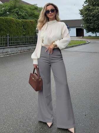 Jeta Ari 女士灰色纯色百搭通勤休闲日常休闲腰部孔眼装饰抽绳阔腿宽松裤