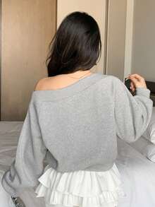 DAZY Women's Rhinestone Embellished Off Shoulder Long Sleeve Sweatshirt, Solid Gray, Suitable For Autumn/Winter, Christmas & New Year - Grey - View 8