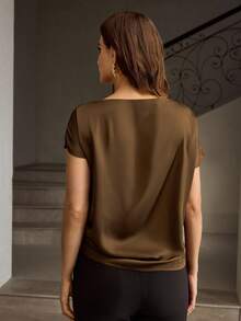 ZEYLAH Women's Silk Bat Sleeve Blouse With Waist Ruching, Elegant And Versatile - Brown - View 3