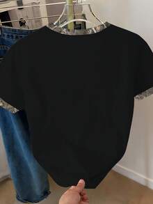 Franclia Camiseta de mujer de cuello redondo con estampado de lazo y bloques de color, casual de verano - Negro - Ver 2