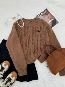 SHEIN Unity Suéter de punto de manga larga con cuello redondo, bordado con elemento de caballo de caballero, de moda para mujer en otoño/invierno, color camello - Marrón - Ver 7