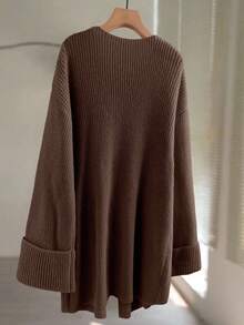 GlowEve CURVE 大码女式金属纽扣装饰纯色针织开衫，休闲百搭，适合圣诞节、万圣节、返校、度假、办公室穿着 - 咖啡棕 - 查看 2