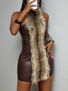 Slaydiva Dark 's Autumn 70s Night Out Party Mini Dress, PU Splicing Plush Off-Shoulder Slim Fit Streetwear Y2k Nightclub Gathering Vacation - Brown - View 14