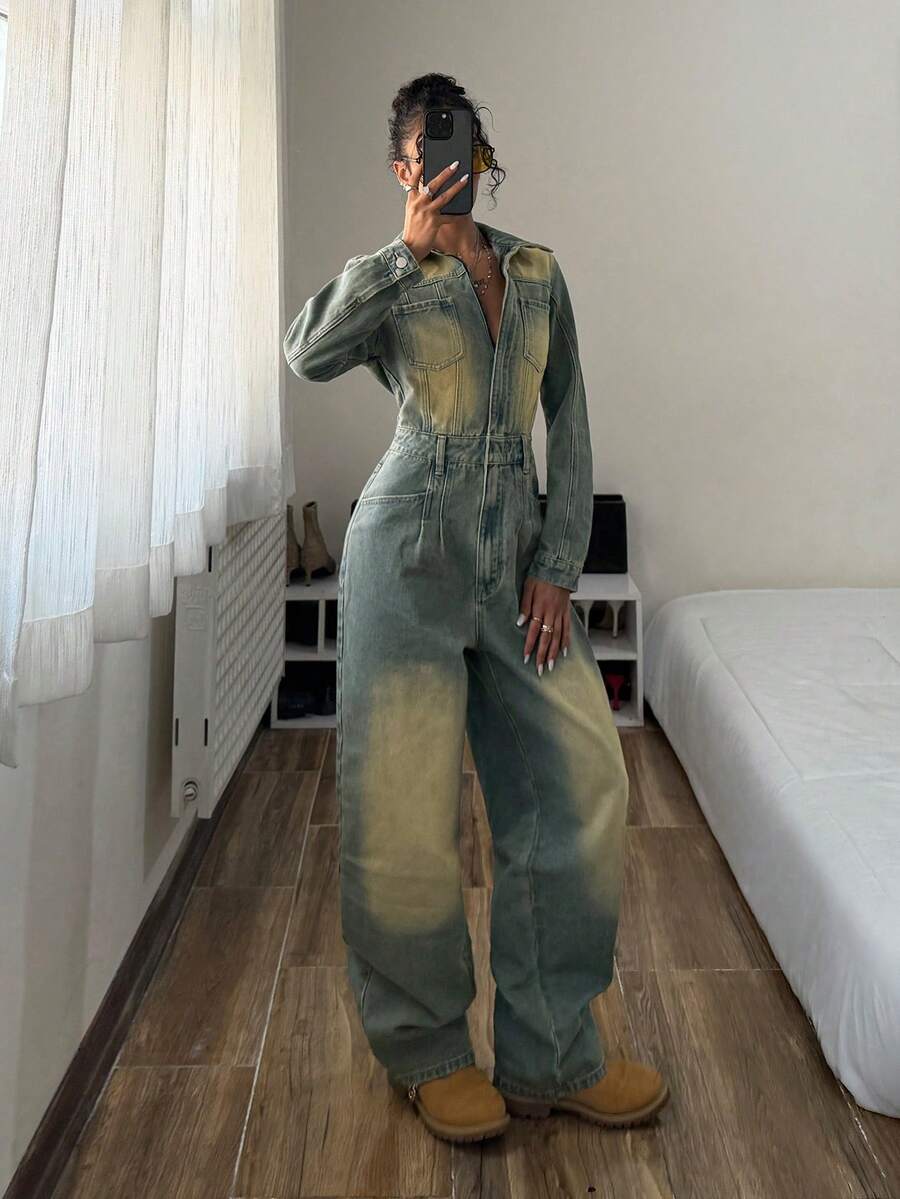 StreetHx 时尚休闲复古街头风衬衫领拉链牛仔连体裤