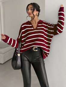 EURMUSE Plus Size Casual Colorblock Striped Drop Shoulder Sweater, Autumn/Winter - Burgundy - View 5