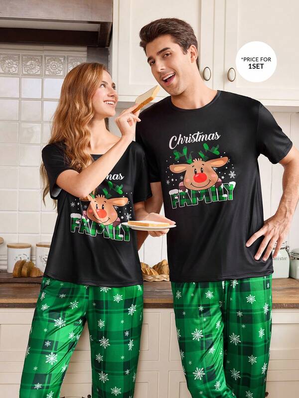 CoupledUp Conjunto de pijama de hombre con estampado navideño a cuadros y ciervos