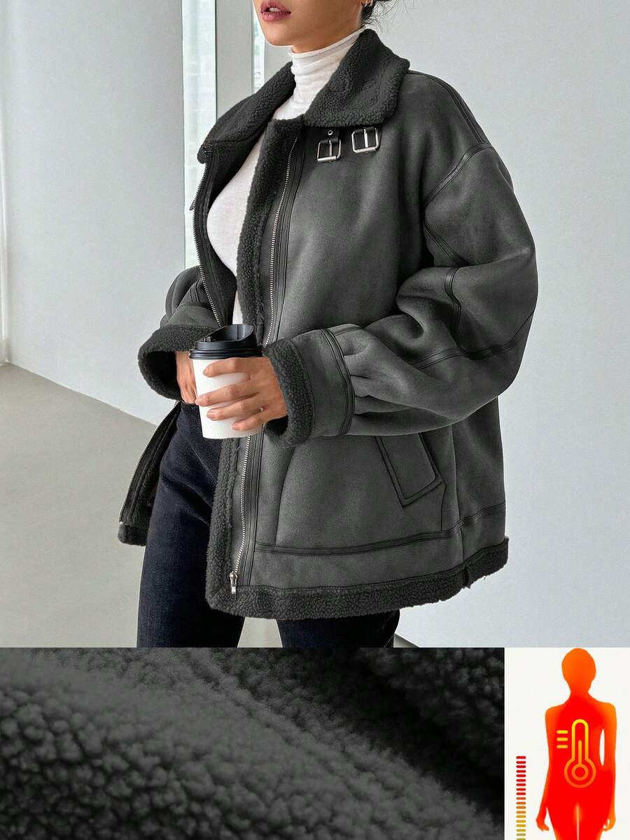 DAZY 女士仿麂皮加厚常规款夹克，冬季女式外套 - 灰色 - 查看 1