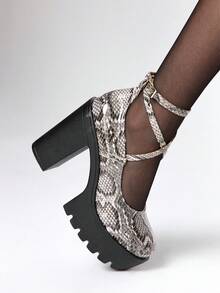 ROMWE Goth 女士闭趾交叉绑带玛丽珍鞋，朋克哥特厚底厚跟绑带搭扣JK制服鞋，防水工作高跟鞋 - 彩色 - 查看 3