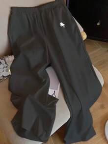 SHEIN EZwear 女士休闲宽松阔腿裤，饰有小马图案，适合夏季和度假穿着 - 深灰色 - 查看 3