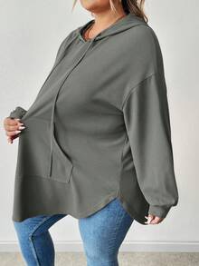 SHEIN CURVE+ 大码纯色连帽抽绳不对称下摆卫衣 - 淺灰色 - 查看 4