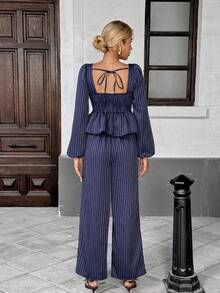 Chiquease Set de 2 piezas con top sin espalda de manga farol de cuello cuadrado a rayas y pantalones con bolsillos, estilo francés