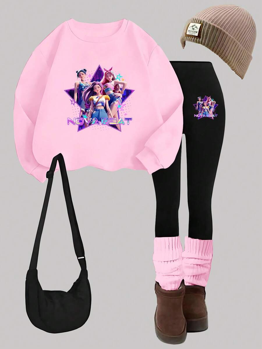 SHEIN ChillGRL 1 套年轻女孩休闲时尚 K-POP 卡通女孩图案粉色圆领运动衫和紧身裤套装,适合秋冬季日常外出和上学穿着 - 彩色 - 查看 1