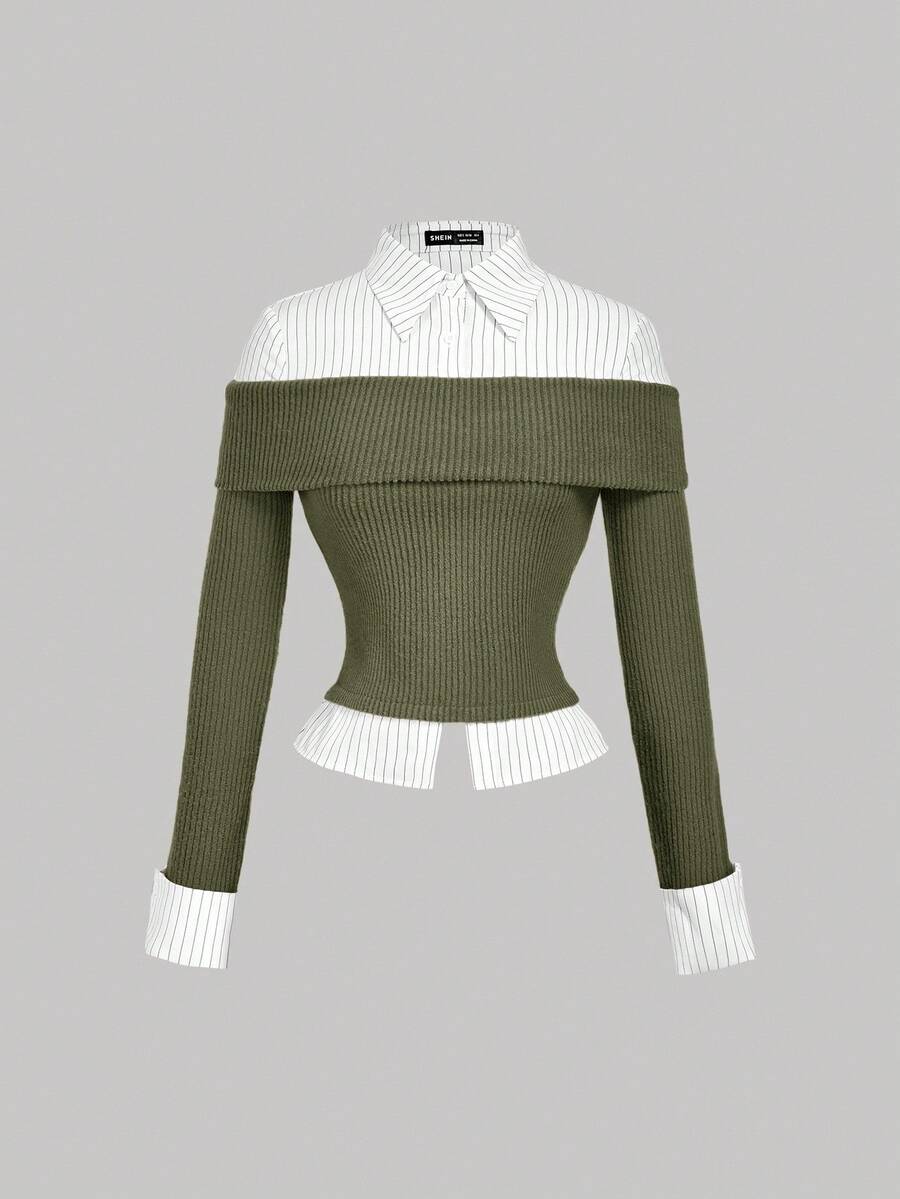 SHEIN MOD 军绿色针织拼接条纹衬衫，二合一上衣，返校季 - 軍綠色 - 查看 1
