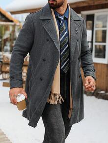 Manfinity CasualCool Sobretudo masculino casual de manga comprida, com lapela, abotoamento simples e cor sólida, ideal para outono/inverno. - Cinza escuro - Ver 1