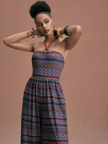 JIAN LASALA Macacão feminino boho de malha, sem mangas, com estampa multicolorida, decote halter com argola, pernas largas e estilo elegante para Ibiza. Trajes africanos para mulheres, roupas africanas femininas, looks caribenhos para mulheres, macacão estampado, macacão boho feminino, macacão de praia feminino, macacão tomara que caia feminino, macacão boho feminino, macacão cropped, macacão feminino de pernas largas para praia e casamento. - Multicolorido - Ver 7