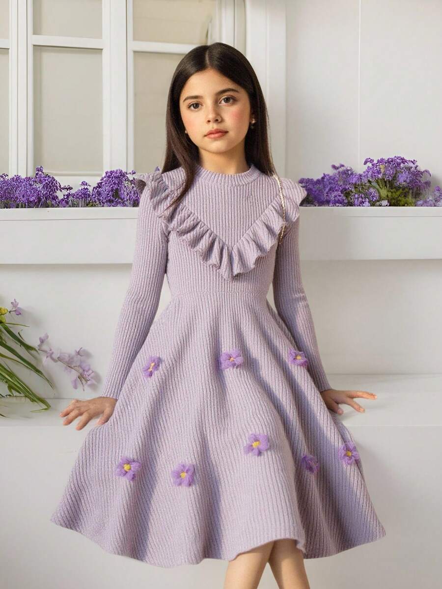 SHEIN Tween Girl Casual Comfortable Round Neck Long Sleeve Ruffle Floral Decor Dress - Mauve Purple - View 1